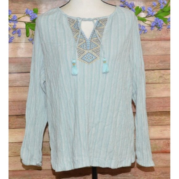 J. Jill Ladies Blue Striped Pullover Blouse XL Embroidered Tassels V-Neck Tunic - Picture 1 of 9